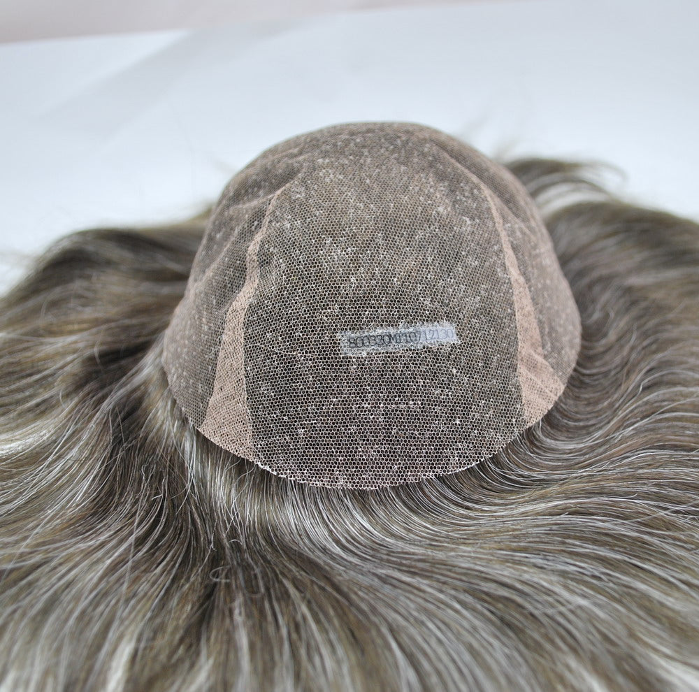 Full PU Thin Skin #330 Human Hair Toupee For Men Replacement Ash Brown Toupee With Grey Hair