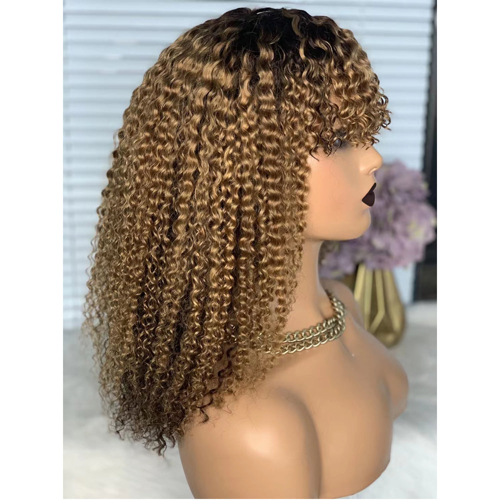 non lace machine wig #4/27 ombre kinky curly human hair wigs with bangs