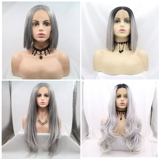 Grey Synthetic lace front wig short hair Short Long Silver Fashion Hair wig for women
