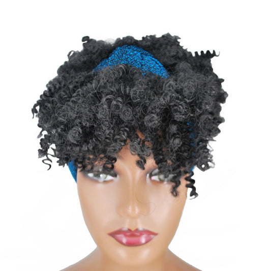 Synthetic Curly Headband Wigs Short Black Kinky Curly Wig with Bangs Afro Puff Wigs for Women Head Wrap Wig Suncolor Hair