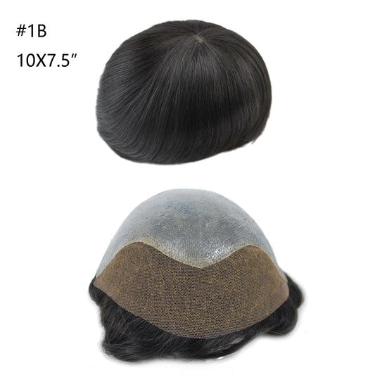Natural black 10 x 7.5" toupee human hair system for men PU with French lace in the front