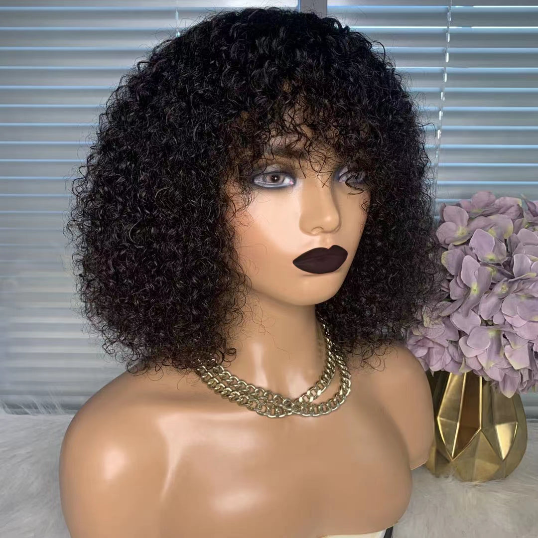 deep curly human hair wig with bangs non lace front machine wigs for women