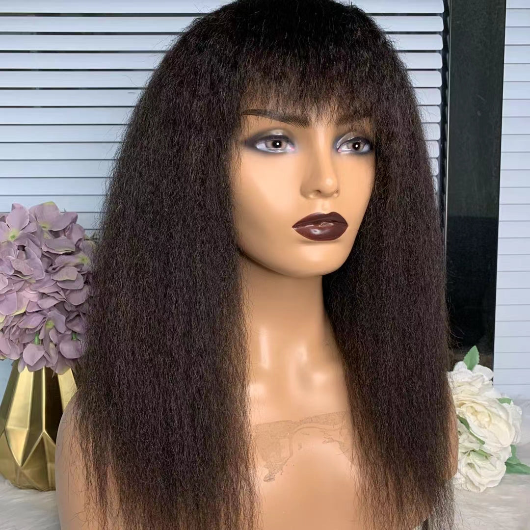 kinky straight human hair wigs for black women machine wig with bangs