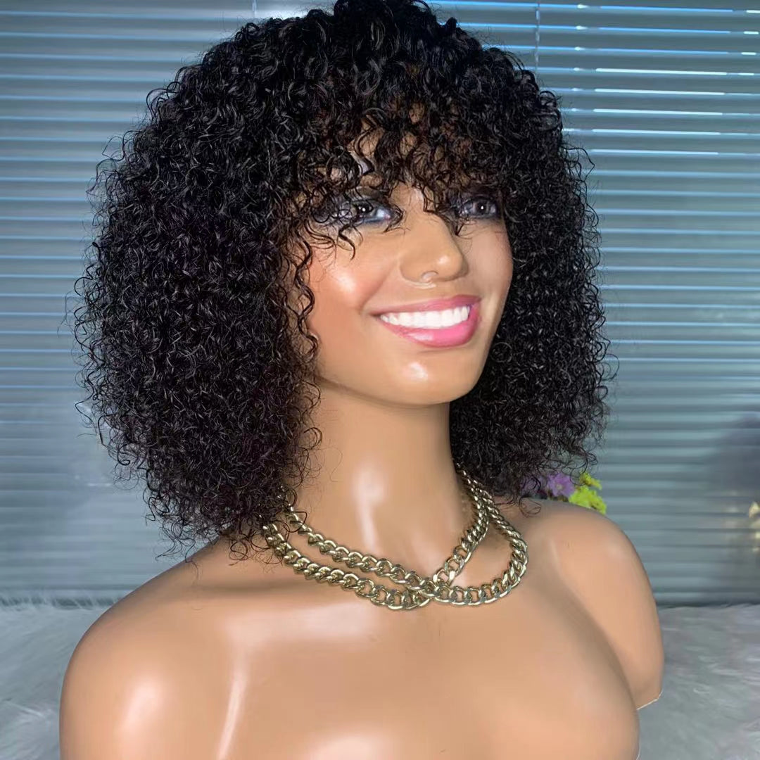 deep curly human hair wig with bangs non lace front machine wigs for women