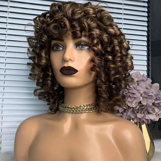 egg curly human hair wigs with bangs #4/27 ombre non lace front wig remy