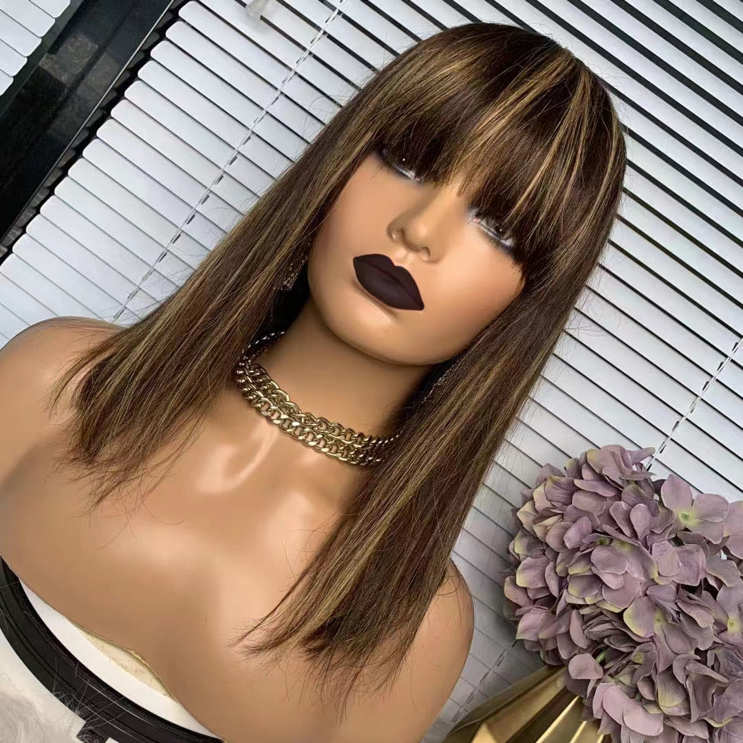 ombre #4/27 straight human hair wig for women non lace front machine wig with bangs