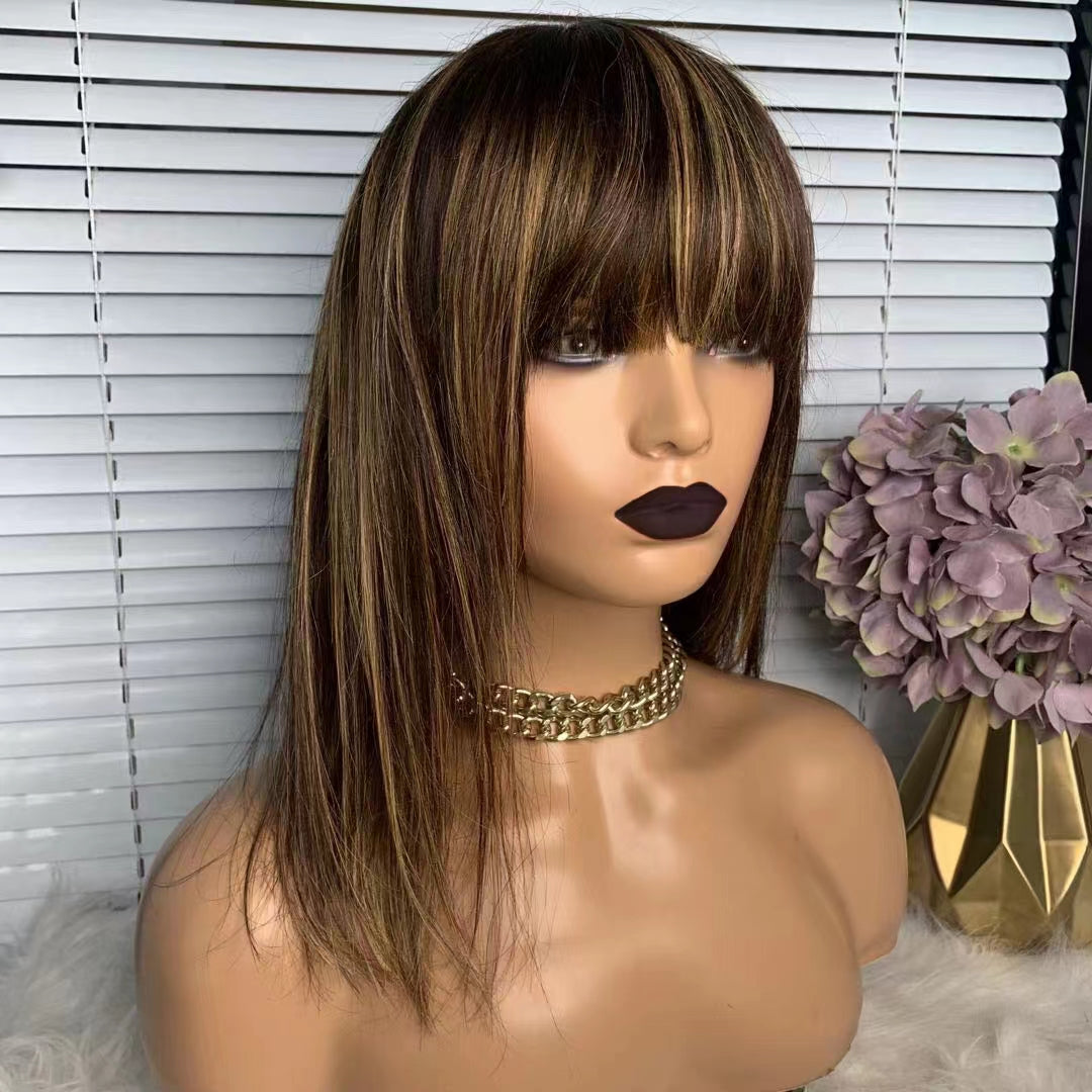 ombre #4/27 straight human hair wig for women non lace front machine wig with bangs