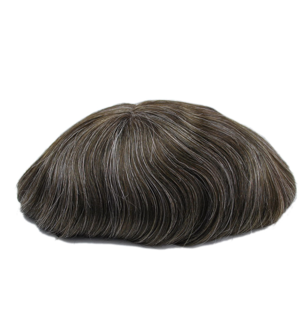 Full PU Thin Skin #330 Human Hair Toupee For Men Replacement Ash Brown Toupee With Grey Hair