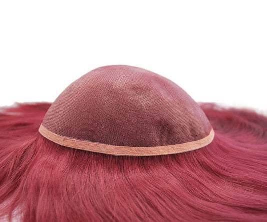 Red human hair topper for women welded mono with ribbon around wig for women